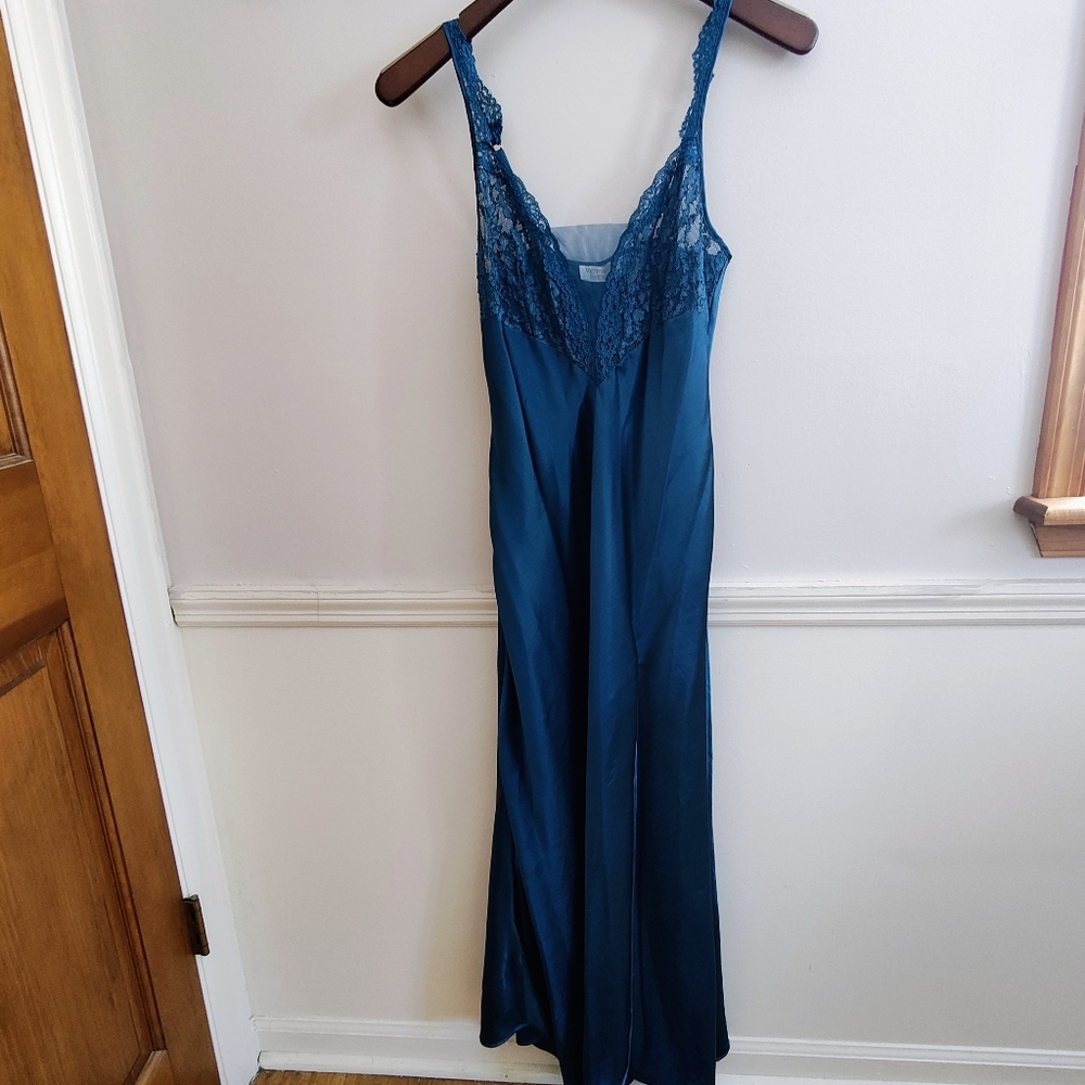 VTG Victoria's Secret Gold Label Teal Satin And Lace Slip Dress Sz Medium